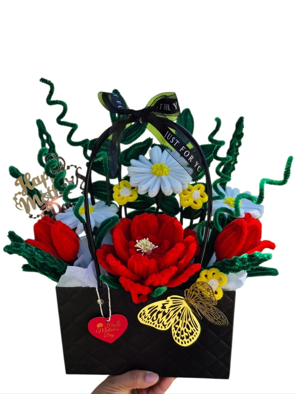 Handcrafted Red & White Felt Flower Basket with Yellow Accents